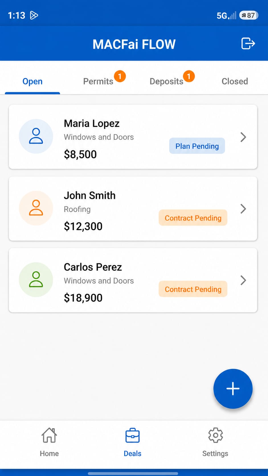 MACFai Flow screen showing lead overview and activity visibility.