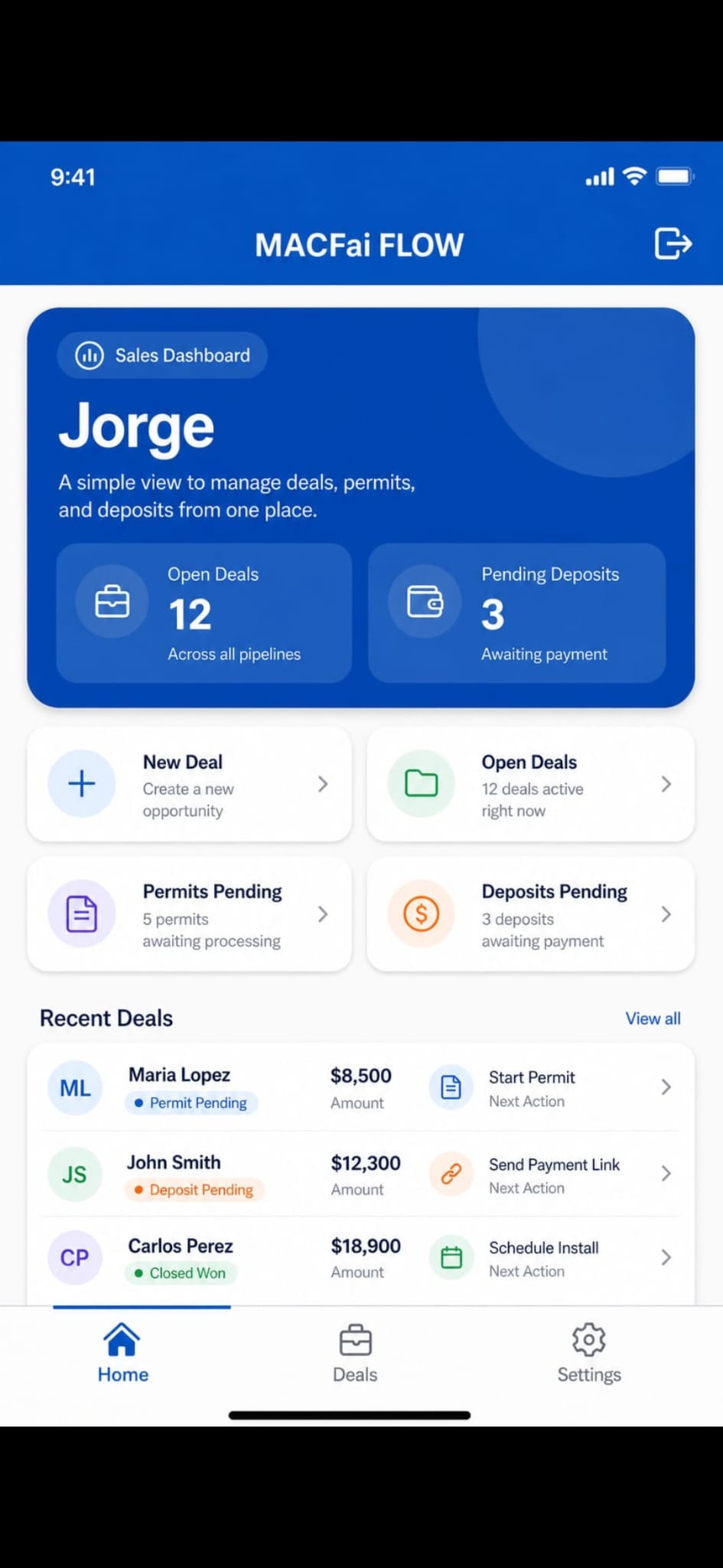 MACFai Flow quote and operations screen.